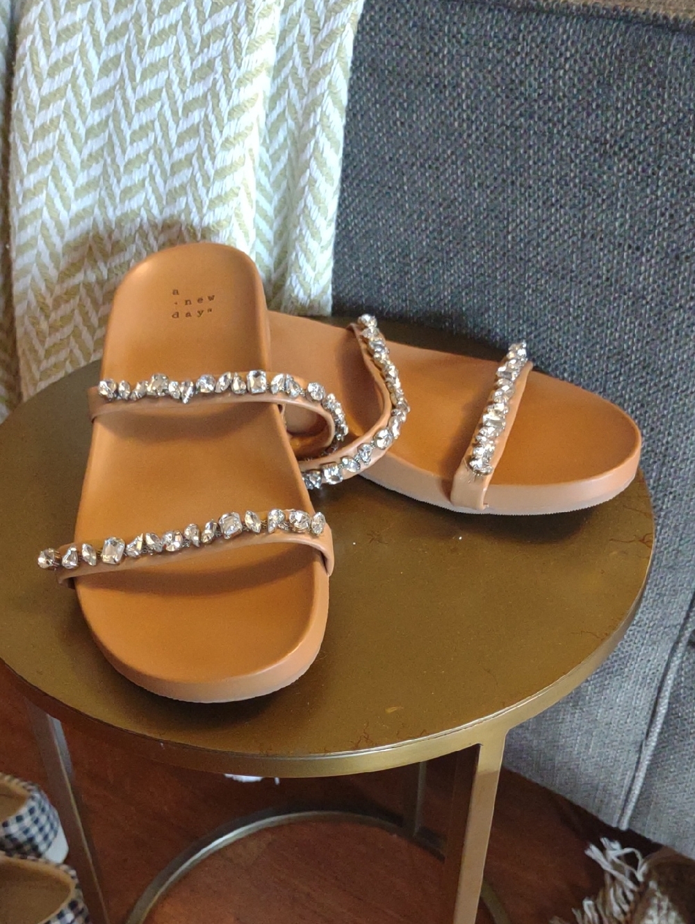 a new day Tan Slide Sandals with Crystal Straps